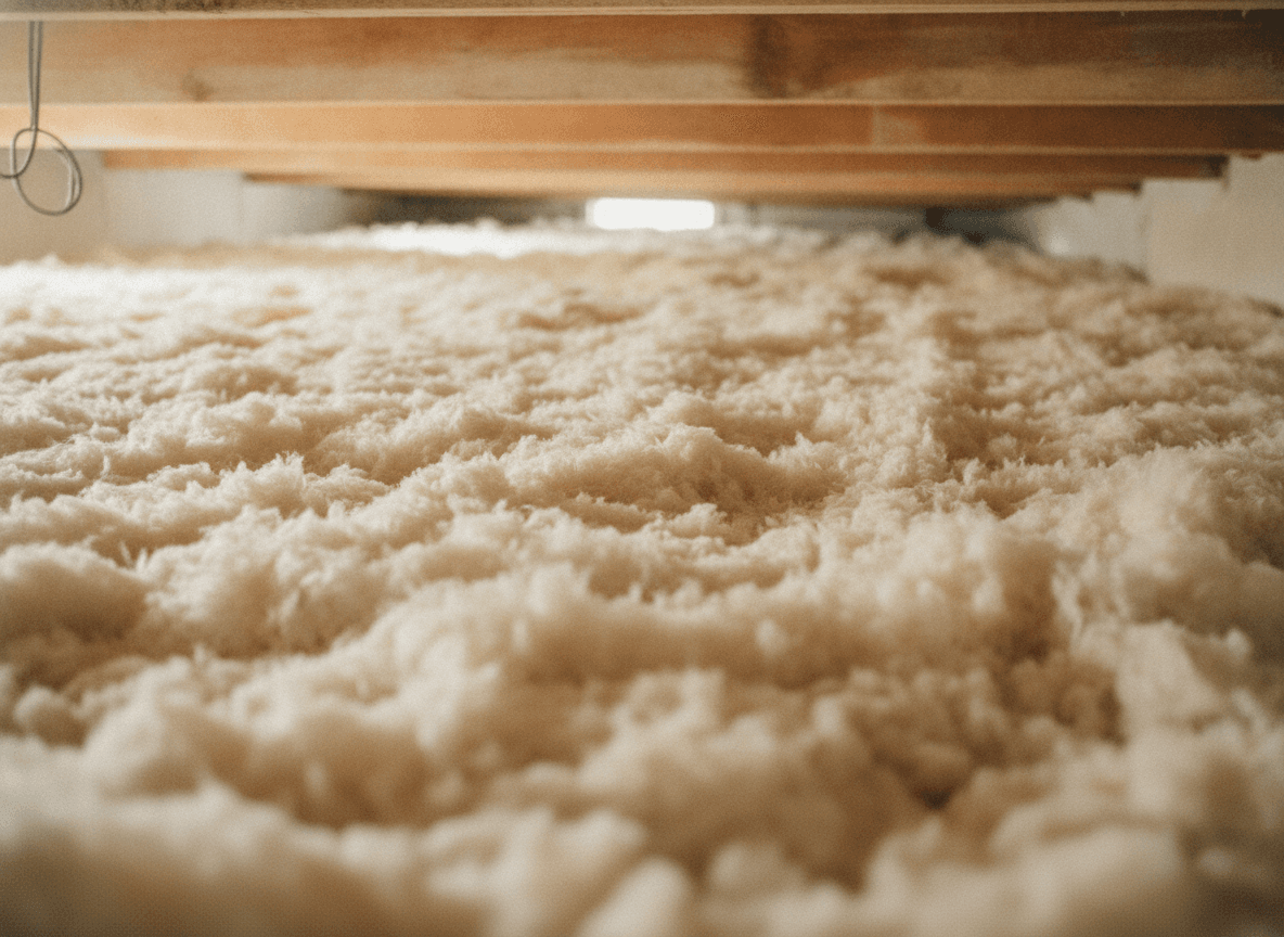 Fresh, clean blown-in fiberglass insulation evenly covering a Houston-area attic floor