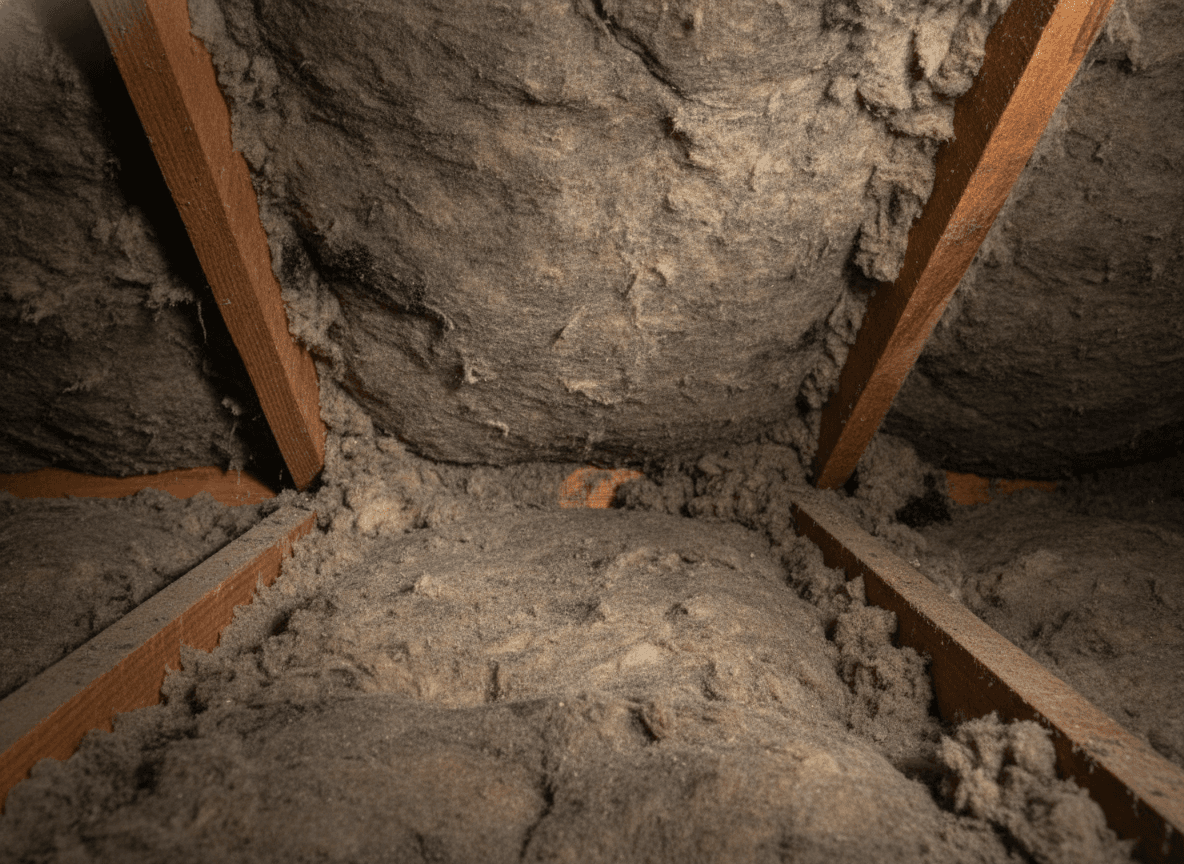 Old, settled gray attic insulation between wooden joists