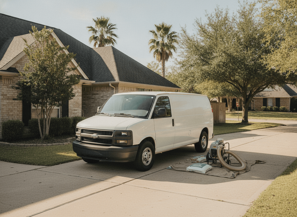 An EZ Attic Insulation service van parked at a Houston-area home